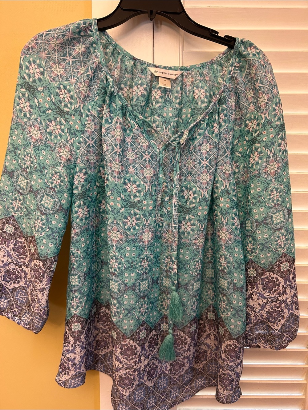 Lightweight Teal Printed Peasant Top with Tassel Tie